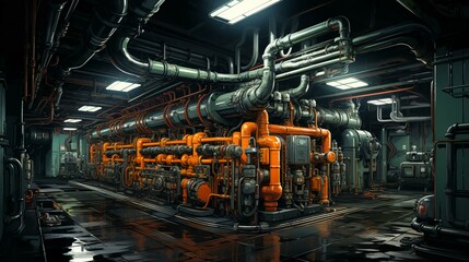 Many iron pipes and pipelines with valves and chemical industrial equipment in the workshop at the factory
