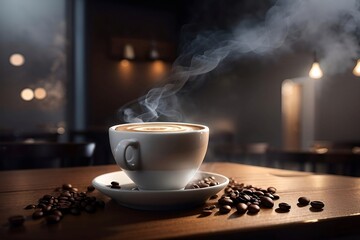 Hot cup of coffee with beans on the table.