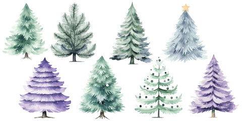 Obraz premium set of Christmas trees mint green and purple watercolor vectors