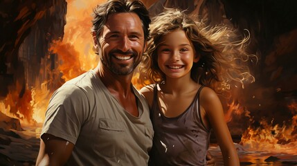 Father and little daughter hug and smile at the camera. Good father concept - obrazy, fototapety, plakaty