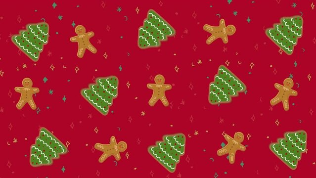 Animation of gingerbread and christmas tree icons against red background