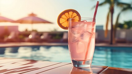 Colorful pink cocktail with orange basking in the sun by the pool on a bright day - obrazy, fototapety, plakaty