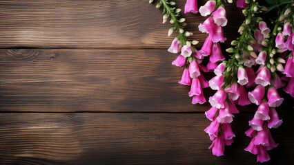 Fototapeta na wymiar Foxglove Flower on Wooden Background with Copy Space