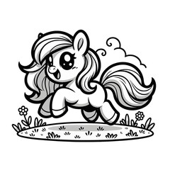 Naklejka premium Vector of a cute, cartoonish pony with bold outlines, prancing joyfully in a meadow, designed as a PNG for children.