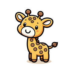 Vector of a cute, cartoonish giraffe with bold outlines, standing cheerfully with a friendly expression, on a transparent background (PNG).