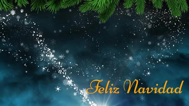 Animation of feliz navidad text, shooting star and snowflakes against dark sky with copy space