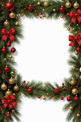 A beautiful red and gold Christmas wreath is adorned with white flowers and green pine branches, set against a pure white background.