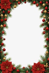 A beautiful red and gold Christmas wreath is adorned with white flowers and green pine branches, set against a pure white background.