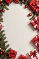 A beautiful red and gold Christmas wreath is adorned with white flowers and green pine branches, set against a pure white background.