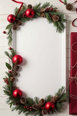 A beautiful red and gold Christmas wreath is adorned with white flowers and green pine branches, set against a pure white background.