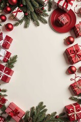 A beautiful red and gold Christmas wreath is adorned with white flowers and green pine branches, set against a pure white background.
