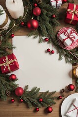 A beautiful red and gold Christmas wreath is adorned with white flowers and green pine branches, set against a pure white background.