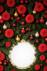A beautiful red and gold Christmas wreath is adorned with white flowers and green pine branches, set against a pure white background.