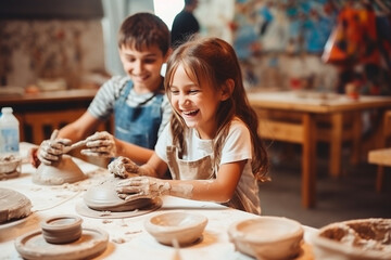 Creative activity for young children in school. Learning pottery. Generative AI
