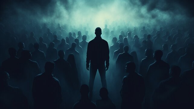 Concept of political states of mind, psychology of people, and media. Illustration in abstract form of crowd control. Standing among the silhouettes of other people is a dark figure.
