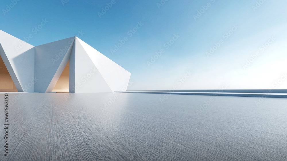 Poster 3d render of abstract futuristic architecture with empty concrete floor. Scene for car presentation.