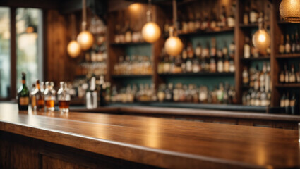 Empty wooden bar counter with defocused background. - obrazy, fototapety, plakaty