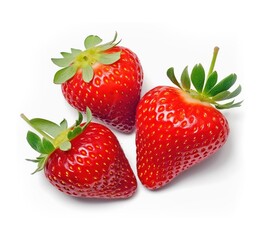  three small red strawberries on a white background, in the style of delicate markings, velvia, smilecore, angular,realistic, generative ai.