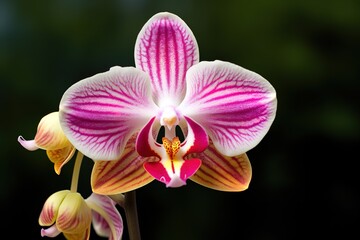colorful orchid flowers in sunlight, striped style, dark white and light pink, nature based pattern, dark yellow and pink, bold colors and patterns, generative ai.