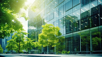 Modern office building with green leaves. Bottom view of modern office building with green leaves - Powered by Adobe