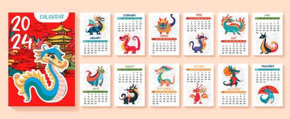 Dragon, white dragon calendar or A4 planner for 2024 with cartoon chinese simbol, New Year symbol, cute hieroglyphs - cover and 12 monthly pages. Week starts on Sunday, vector printable template. - obrazy, fototapety, plakaty