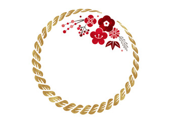 しめ縄と梅の花の和風円形フレーム 水彩_金色紅白