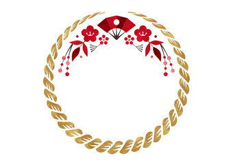 しめ縄と梅の花の和風円形フレーム 水彩_金色紅白