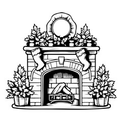 Christmas fireplace decorated with fir branches and stockings. Christmas coloring page