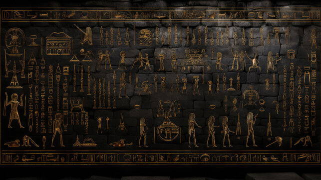 Ancient Egyptian hieroglyphs and symbols on a black wall