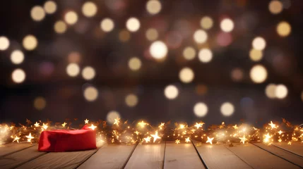 Fotobehang 3D render merry christmas xmas Empty wooden table blur light red golden stars bokeh twinkling abstract sparkler background. de-focused wallpaper for template. presentation. copy text space. © CassiOpeiaZz