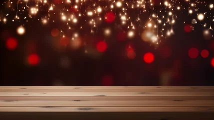 Foto op Canvas 3D render merry christmas xmas Empty wooden table blur light red golden stars bokeh twinkling abstract sparkler background. de-focused wallpaper for template. presentation. copy text space. © CassiOpeiaZz