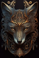 Digital art of a fox with a gold pattern on its head, with a realistic fur texture and a dreamy, ethereal atmosphere.