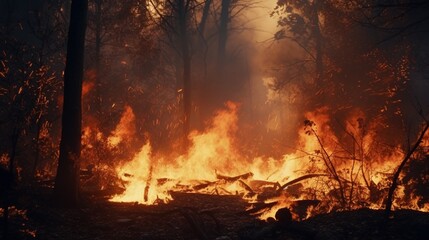 Fire burning through a woodland.