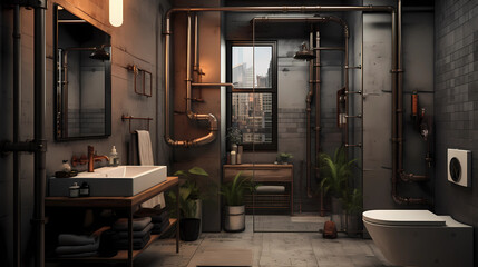 Bathroom design with touches of industrial style - obrazy, fototapety, plakaty