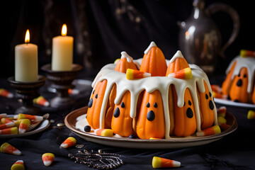 A spooky pumpkin-shaped bundt cake covered in orange-tinted cream cheese frosting and candy corn accents.