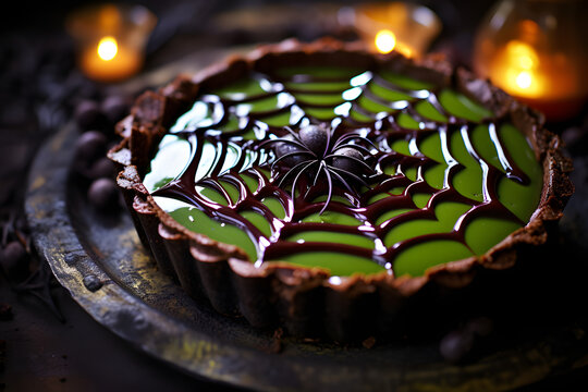 A spooky spiderweb chocolate tart with a gooey green "witches'brew" center.