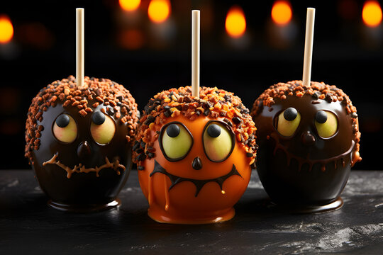 A trio of caramel apples with ghoulish faces,coated in black and orange sprinkles.