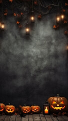 A spooky backdrop with a haunted evil glowing eyes of Jack O' Lanterns on the sides of a wooden deck for a scary halloween night. Halloween night scene background with carved pumpkins and gray wall.