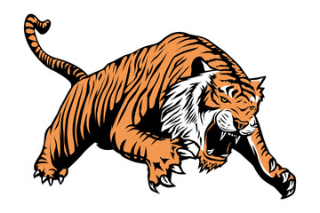 angry tiger in the aggressive attacking pose . Side view tattoo style vector illustration