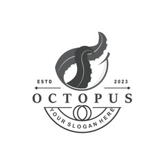Octopus Logo, Old Retro Vintage Design Ocean Animal Vector Tentacle Illustration Template