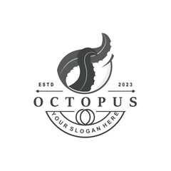 Obraz premium Octopus Logo, Old Retro Vintage Design Ocean Animal Vector Tentacle Illustration Template