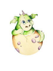 cute funny cartoon green dragon in an egg. Watercolor illustration . Children's illusion. for the design of postcards, prints.