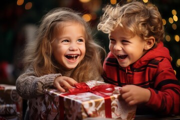 Fototapeta na wymiar Portrait of overjoyed boy and girl opening New Year's gift. New Year's morning and children's enthusiasm for gifts. Blurred living room interior with Christmas tree.