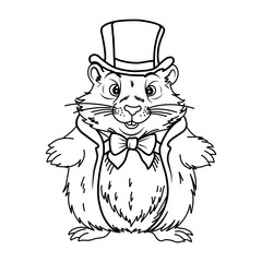 Groundhog Day February 2nd. Cute baby animal beaver. Coloring book Groundhog Day in a top hat and frock coat. Meteorologist