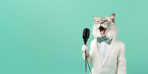 Stylish cat singing with microphone isolated on green background