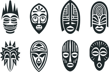 set of african tribal masks vector illustration for logos, tattoos, stickers, t-shirt designs, hats - obrazy, fototapety, plakaty