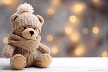 Teddy bear in knitted hat on bokeh background with copy space - obrazy, fototapety, plakaty