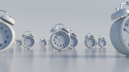Alaram clocks on a white background 3d rendering - obrazy, fototapety, plakaty