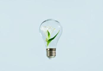 Ecology and green energy concept. green leaves growing inside a bulb.