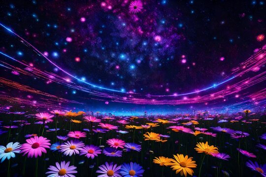 Like stars in the night sky, neon daisies are dispersed across a cosmic landscape. 